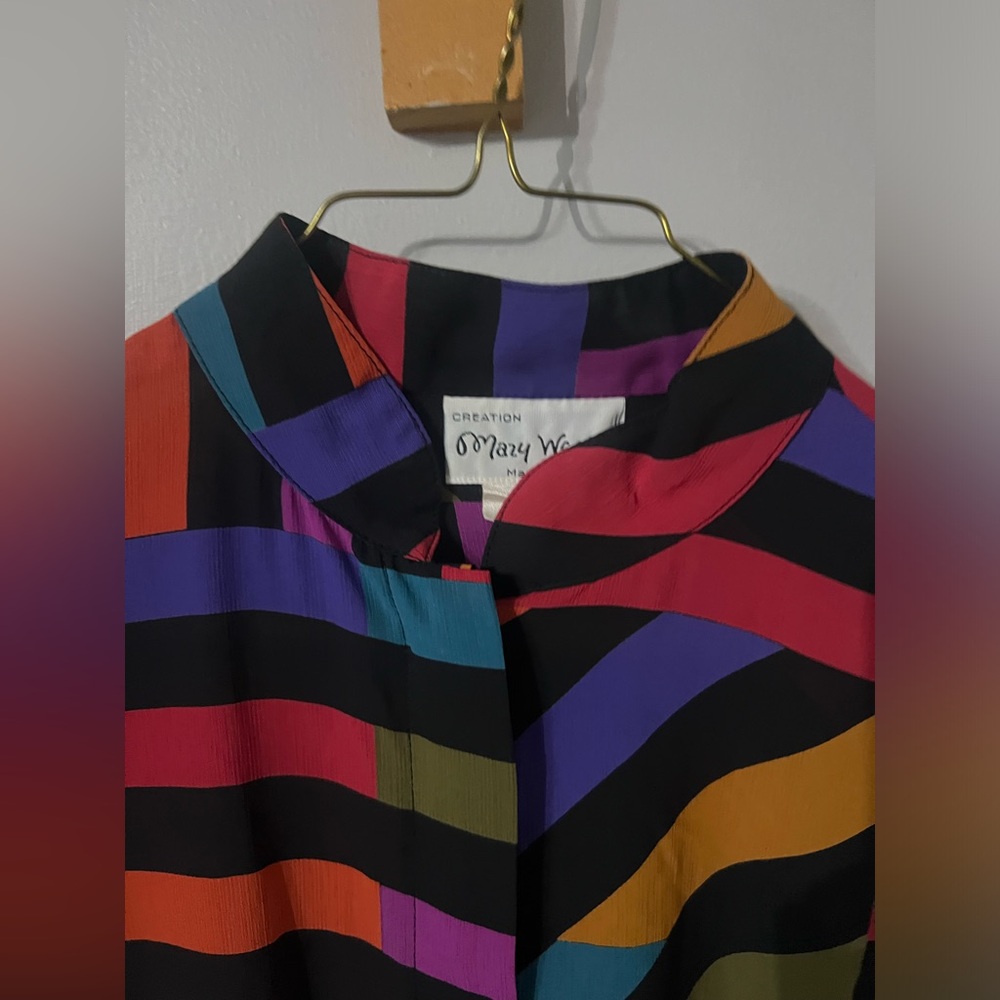 Vintage 80s Mary West French Multicolor Striped Women's Button Down Silky Blouse - Picture 3 of 7